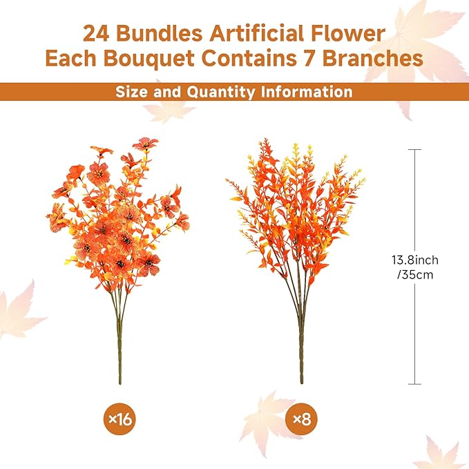 SHareconn 24 Bundles Artificial Fall Flowers for Outdoors Decoration, UV Resistant Silk Eucalyptus Lavender Faux Autumn Fake Plants for Outside Indoor Garden Yard Porch Home Decor, Sunset Red Orange