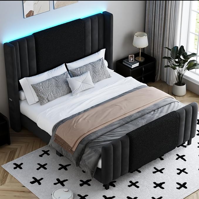 King Size Bed Frame with Tall Headboard and Footboard, Boucle and Velvet Upholstered Bed Frame King with LED Lights, Modern Platform Bed Frames, Noiseless, Easy Assembly, Black