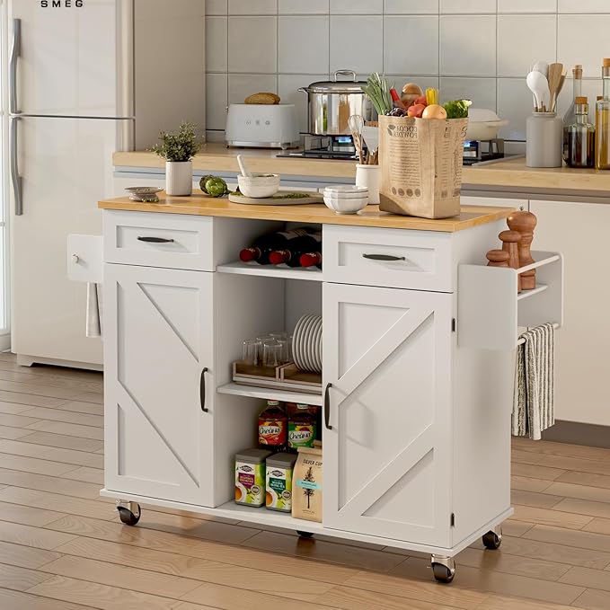 51.5'' Rolling Kitchen Island with Storage Cabinet & Drawers, Drop Leaf Kitchen Cart on Wheels, Farmhouse Portable Mobile Islands, Large Butcher Block Table with Tower/Spice Rack, White