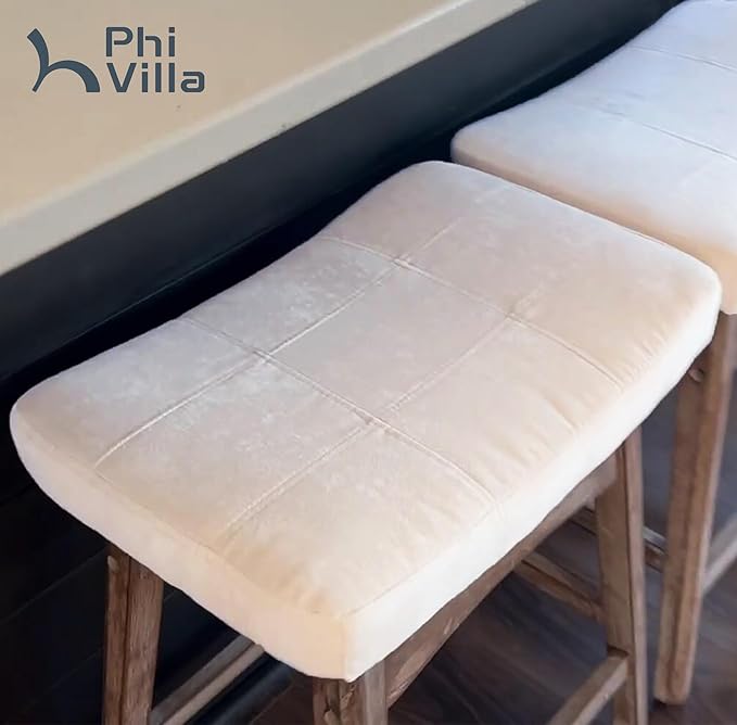 PHI VILLA Farmhouse Bar Stools Set of 4 - Wood Bartools with Upholstered Saddle Seat, 24 inch stools for Kitchen Counter Set of 4