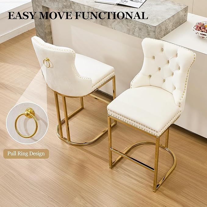 UVV Counter Height Bar Stools Set of 6, 26" Modern Barstools with Back, Velvet Upholstery Counter Chairs with Metal Legs for Kitchen Island, Bar, Counter, Beige