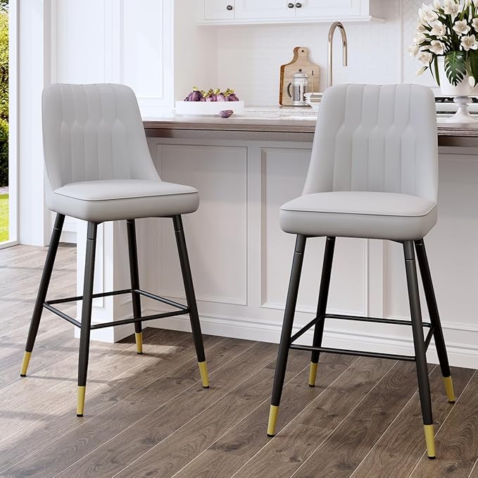 Counter Height Bar Stools Set of 2,Modern Bar Stools Set of 2,Light Grey Faux Leather Barstools with Back and Footrest,27"Bar Chairs for Kitchen Island,Cafe,Pub,Bar,Dining Room,Hold Up to 500 LBS