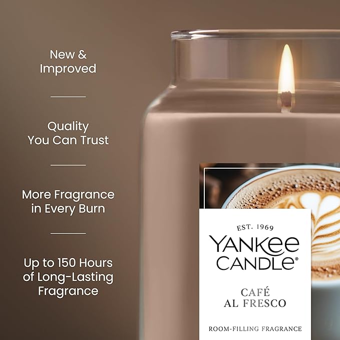 Yankee Candle Large Jar Scented Candle with up to 150 Hour Burn Time, Premium Plant Wax Blend for Consistent Burn, 22 oz Jar Candle with Room Filling Fragrance, Café al Fresco