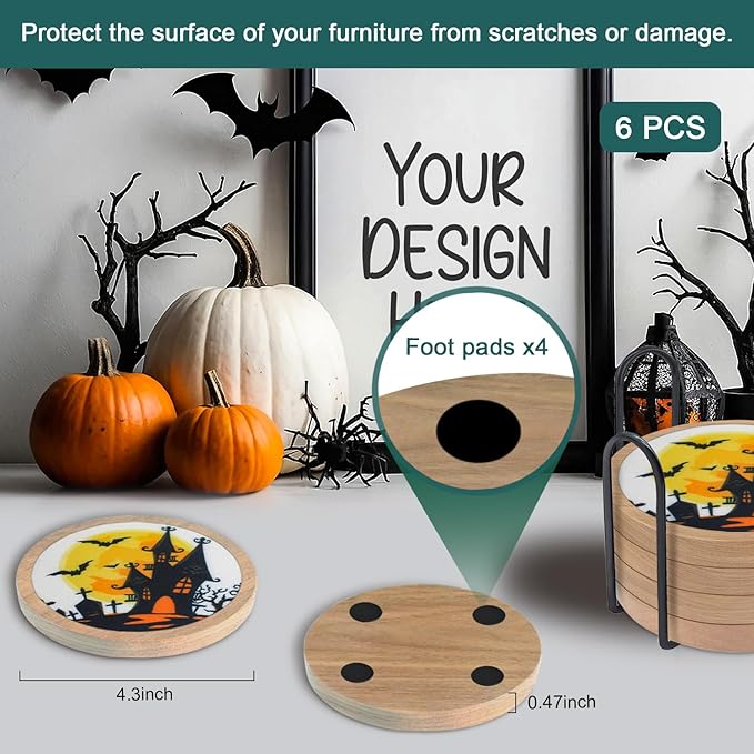 Halloween Coasters Set of 6, Unique Coaster, Minacun Absorbent Coasters with Holder Halloween Thanksgiving Themed Party Decoration 4.3 Inch