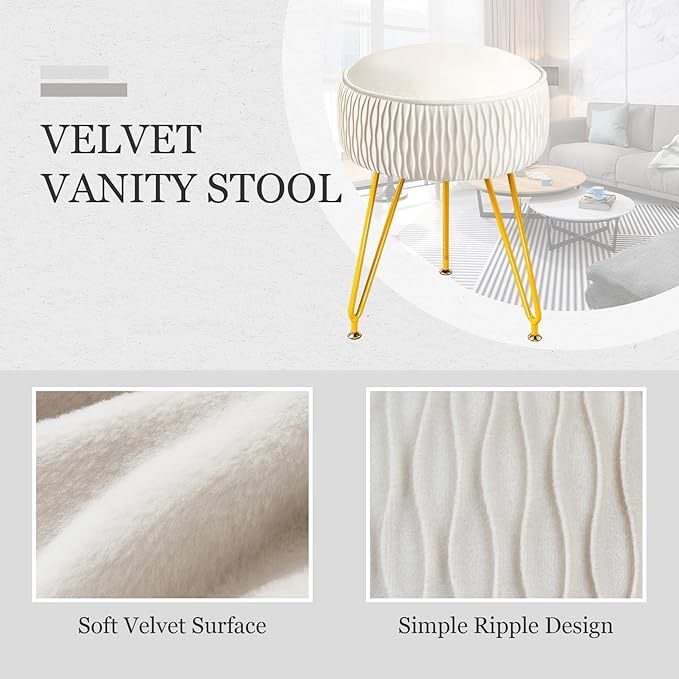 Velvet Vanity Stool Footrests, Round Ottoman Vanity Chairs with Anti-Slip Feet, Dressing Table Seat Foot Stool with Black Legs, Furry Padded Seat Side Table for Makeup Bedroom(White, Golden)