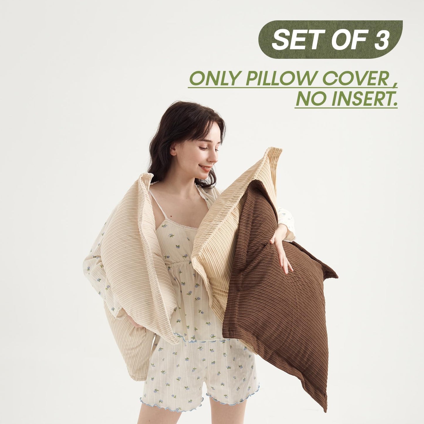 Pack of 3 Boho Vintage Euro Throw Pillow Covers 22x22inch, Soft-Touch Corduroy with Stripes Square Cushion Pillowcases Home Decor for Living Room Bedroom Sofa Couch(Deep Brown, Beige & Camel)