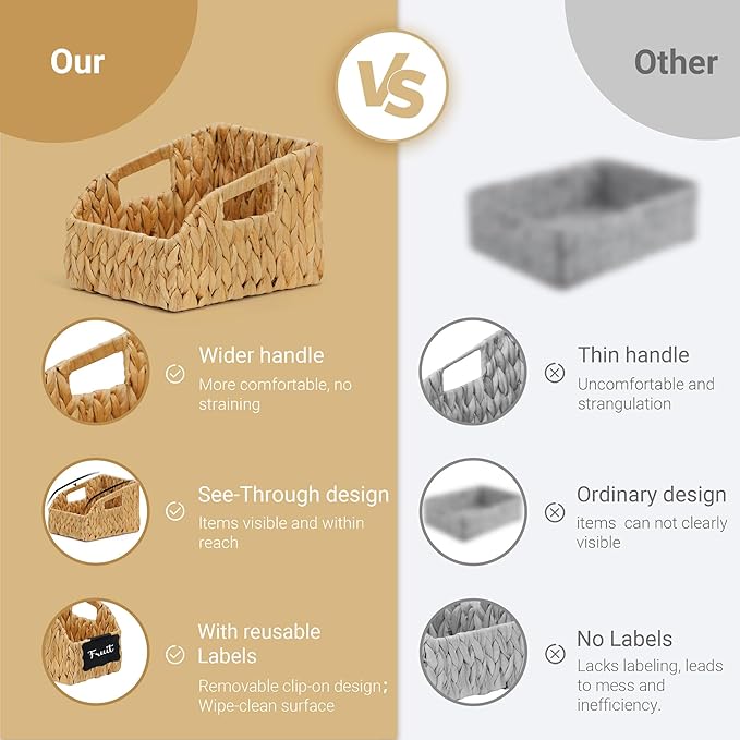 Wicker Baskets for Organizing, Pantry Baskets with Handles, Handwoven Wicker Storage Basket, Water Hyacinth Storage Bins for Shelves, Boho Decoration, 3 Pack,Natural