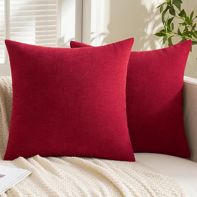 MIULEE Red Couch Pillow Covers 18x18 Inch, Set of 2 Soft Chenille Decorative Square Throw Pillow Covers Christmas Farmhouse for Sofa Living Room Bed