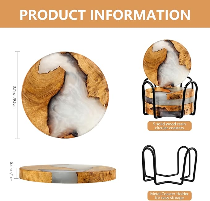 Drink Coaster Set, Wooden Absorbent Coasters, Epoxy Resin Coaster for Coffee Table, Tabletop Protection Decor, Set of 5 with Holder