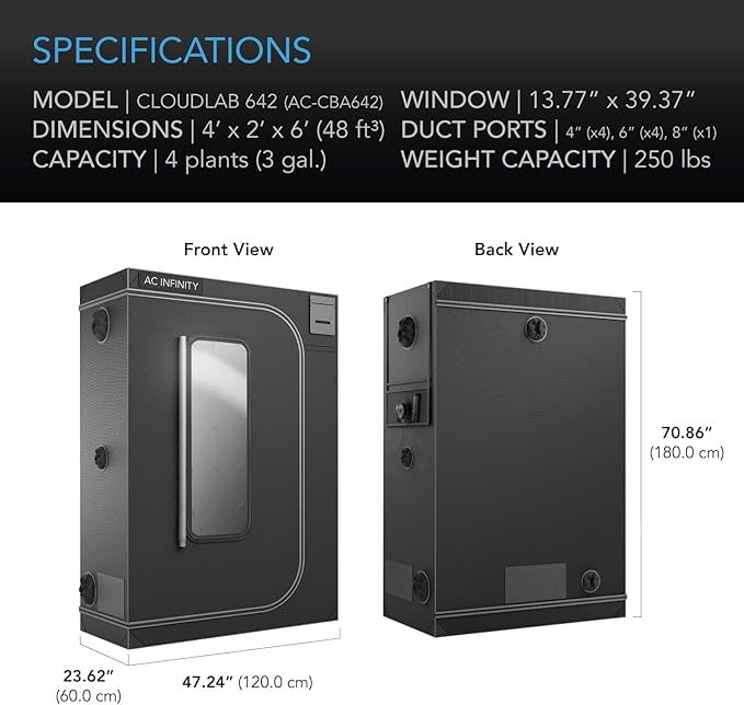 AC Infinity CLOUDLAB 642, Advance Grow Tent 4x2, Thickest 1" Poles, 2000D Mylar Canvas, Lab-Tested Highest Reflectivity, Largest Zipper Window, Controller Mount Plate, 48" x 24" x 72" Indoor Growing