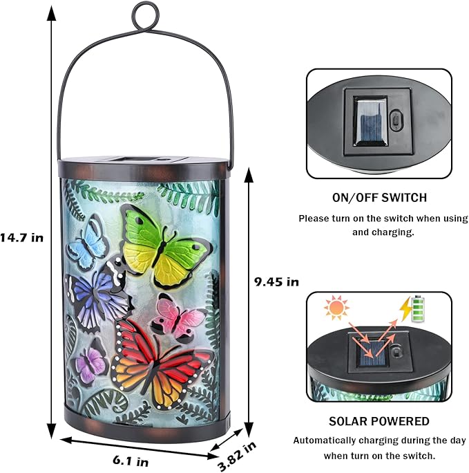 Afirst Hanging Solar Lantern - Decorative Outdoor Glass Solar Butterfly Lights Waterproof Led Tabletop Lamp for Garden Yard Patio Decor