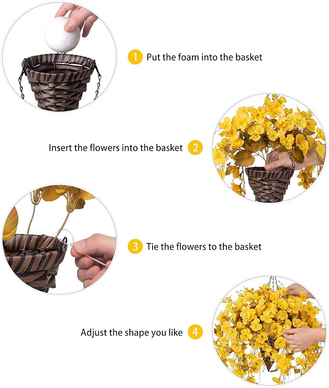 Artificial Fake Fall Hanging Flowers Plants Baskets for Outdoor Decoration, 5Pcs Faux Silk Hibiscus Long Vines in Planter UV Resistant Realistic Flower for Outside Home Porch Patio Garden, Fall Yellow