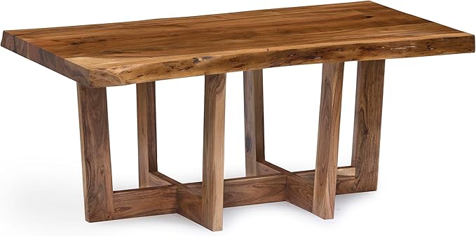 Berkshire 42-Inch Live Edge Coffee Table – Handcrafted Solid Acacia Wood in Minimalist Design and Natural Finish with Cross-Braced Wood Legs and Floor Protectors – Modern Living Room Furniture