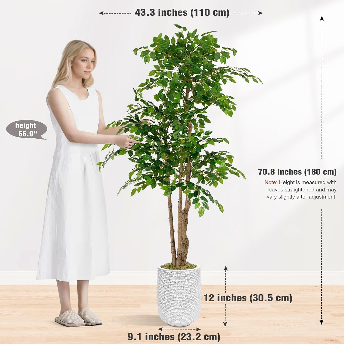 Ficus Tree Artificial with 3 Trunks, 6ft Fake Ficus Tree in White Magnesium Pot, Tall Artificial Tree Potted Plant for Indoor Outdoor Home Office Living Room Patio Bedroom Decor