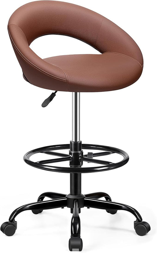 Drafting Chair with Back, Height Adjustable Rolling Stool with Foot Rest, Tall 360° Swivel Stool PU Leather Chair with Wheels for Home Office, Standing Desk, Brown