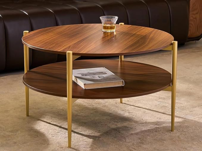 Shrine Round Glass Coffee Table, Mid-Century Modern Design, D30 x H17 in, Two-Tier Round Table with Walnut MDF Shelves, Sleek Conical Metal Legs with Gold Finish