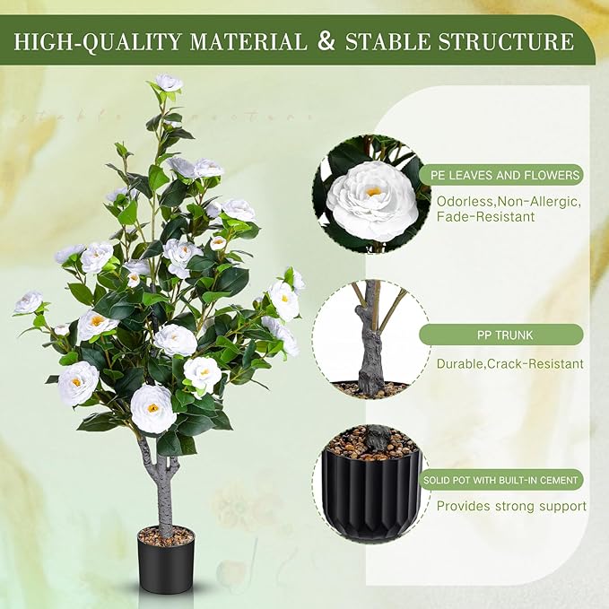 Jexine 2 Pack 40" Artificial Tree with Camellia, Fake Tree with 36 Blooming Flowers, Flower Plants Tree Faux Floral Plant Tree in Cement Pot for Indoor Outdoor Office Home Porch Decor (White,40")