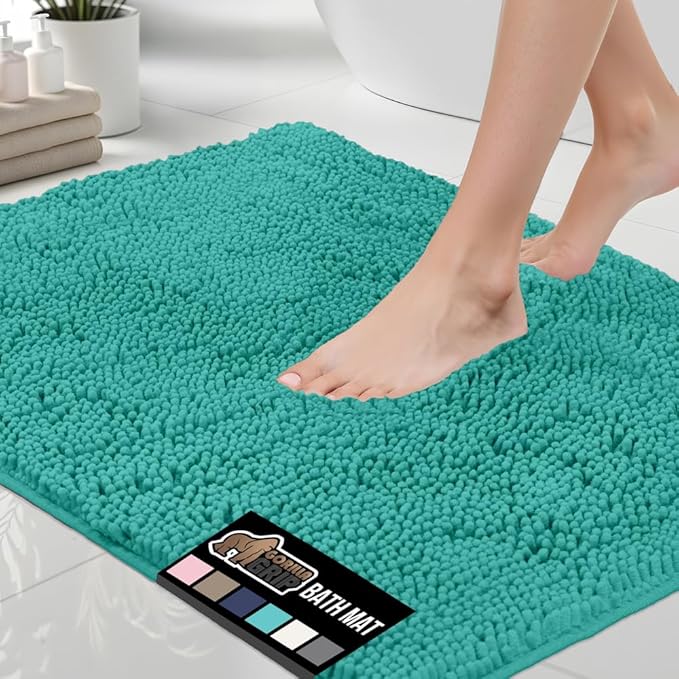GORILLA GRIP Bath Rug Mat 60x24, Thick Soft Absorbent Chenille, Quick Dry Microfiber Mats, Rubber Backing Machine Washable Shower Floor Rugs, Bathmat Runner, Bathroom Home Decor Accessories, Turquoise