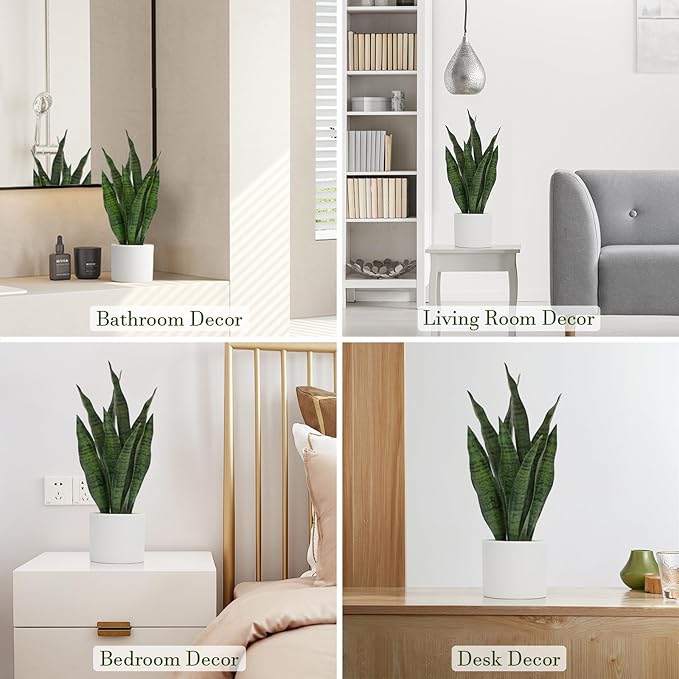 Faux Plants, Artificial Snake Plant Set of 2, Faux Snake Plant with Pure White Ceramic Pots, Fake Sansevieria for Home Decor Indoor, Office, Living Room, Housewarming Gifts