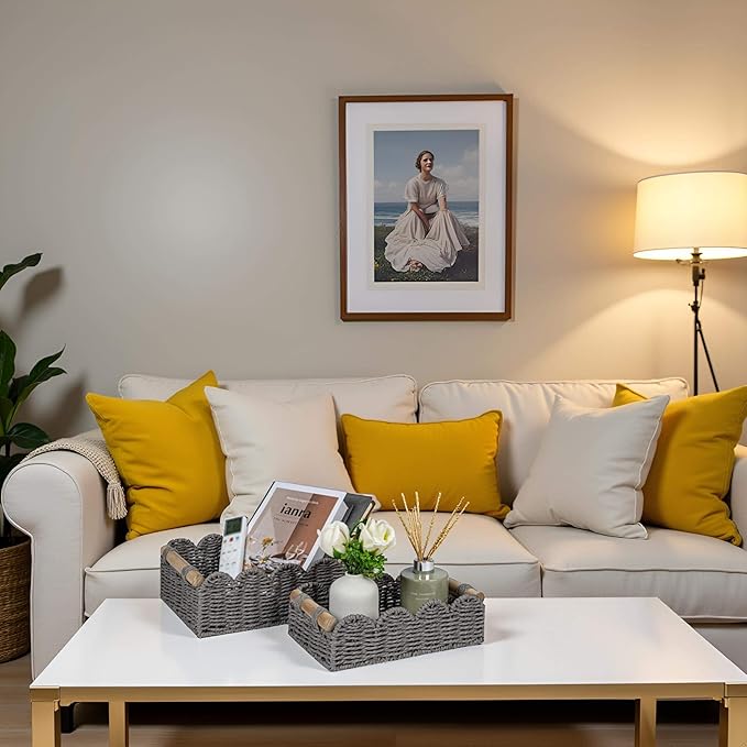 CubesLand Scalloped Decor Basket for Living Room, Home, Bathroom, 2SAME SIZE Paper Rope Basket, Toilet Storage Baskets for Over Toilet Storage Shelf, Cozy Woven Basket Both Storage&Decor, Grey