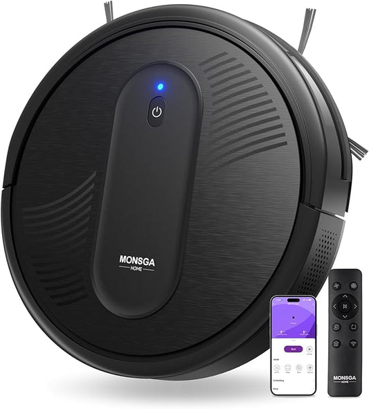 MONSGA Robot Vacuum Cleaner, 3000Pa Powerful Suction Robotic Vacuum, 3.2" Super-Slim, 140Min Runtime, Vacuum Robot for Hard Floor/Low Pile Carpet/Pet Hair, Remote/App/Voice Control, Schedule Clean