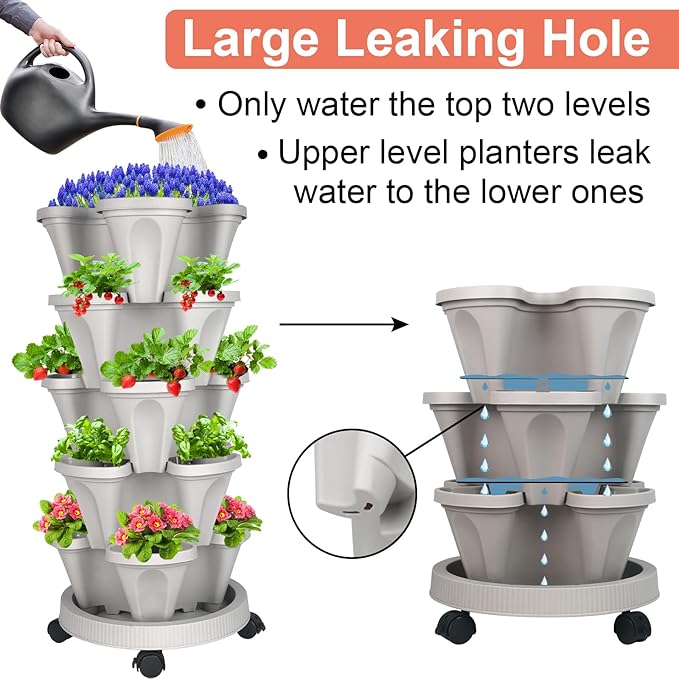 Vertical Planter 5 Tier Stackable Planters Garden Planters Strawberry Herb Flower and Vegetable Planter Indoor Outdoor Gardening Pots with Removable Wheels and Tools 2-Pack