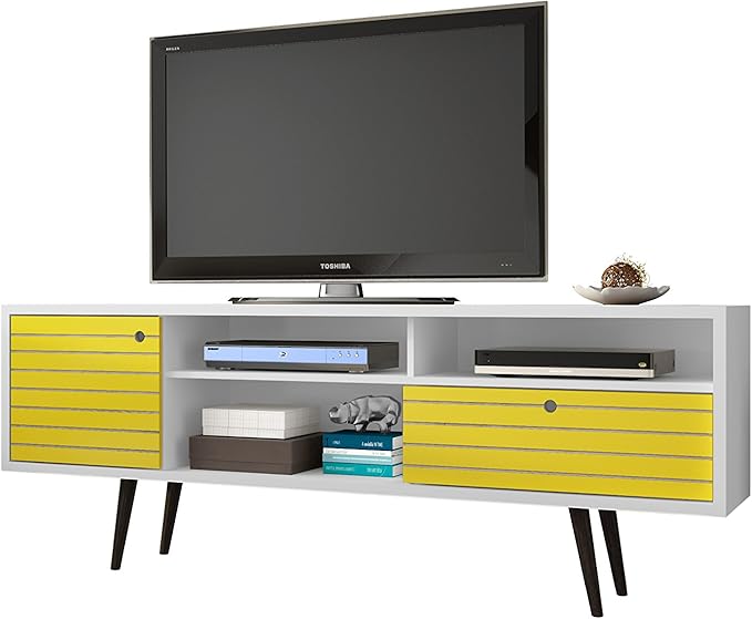 Manhattan Comfort Liberty Mid Century Modern TV Stand for Televisions up to 65 Inches, Bedroom and Living Room Entertainment Center with Storage, Shelves, and Cabinet, 71" Wide, White/Yellow