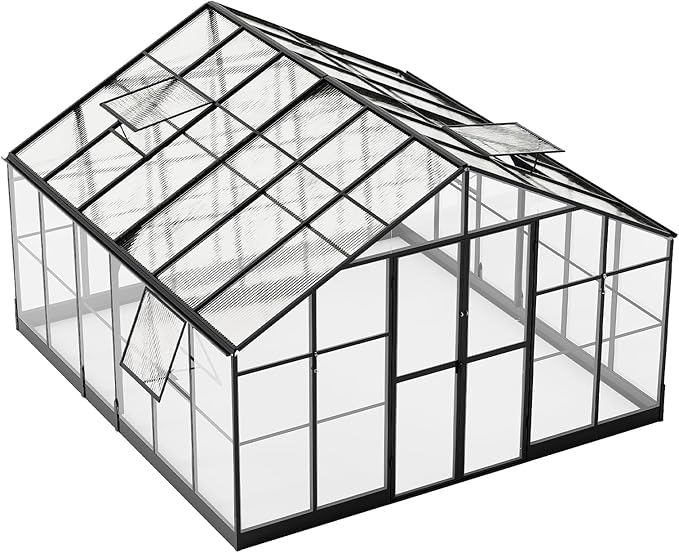 Jocisland 12x13.5x9 FT Polycarbonate Greenhouse, Outdoor Aluminum Greenhouse with 4 Ventilation,Quick Connect Fittings, 6.7 FT Height Double Doors, Fit for Backyard, Black