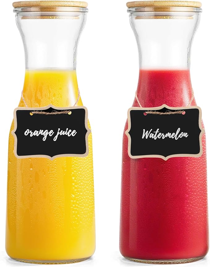 Glass Carafe with Bamboo Lid,35 Oz Beverage Dispensers Carafe,Mimosa Bar Supplies,Clear Glass Pitcher with Name Labels for Iced Tea,Coffee,Juice(Set of 4)
