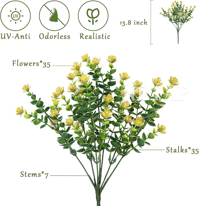 Outdoor Artificial Flowers UV Resistant, 20 Bundles Fake Realistic Floral Greenery Plants for Outside Porch, Window Boxes, Garden, Yard, Inside Home Table Decor, Yellow
