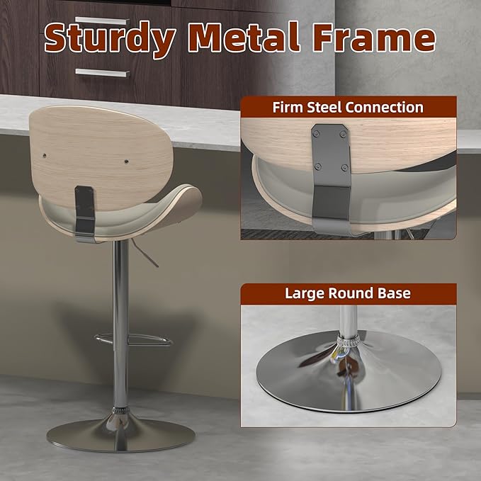 civama Bar Stools Set of 2 for Kitchen Counter, Adjustable Bar Height Chairs, Modern Swivel Barstools with Bentwood Seat and Back with Footrest, for Kitchen Island, Dining Room, Grey PU Leather