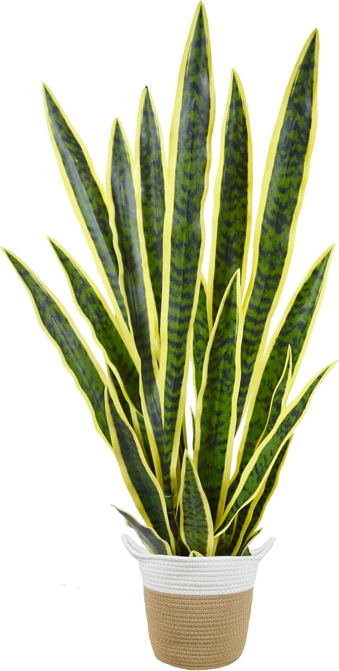 Artificial Snake Plant, 3ft Fake Sansevieria with Basket, 35" Fake Mother in Law Plants, Perfect Faux Potted Plant Greenery for Indoor Home Office Store Lifelike Decoration (Yellow)