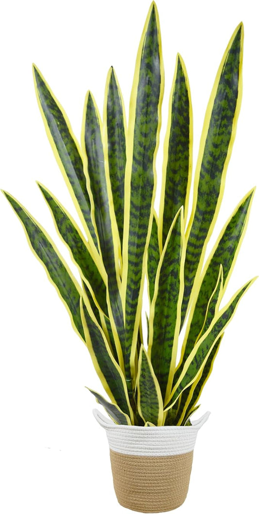 Artificial Snake Plant, 3ft Fake Sansevieria with Basket, 35" Fake Mother in Law Plants, Perfect Faux Potted Plant Greenery for Indoor Home Office Store Lifelike Decoration (Yellow)