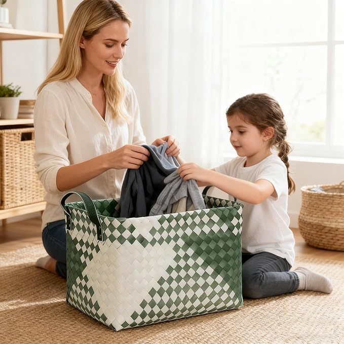 15L Laundry Baskets Waterproof Storage Baskets For Shelves Large Laundry Hamper With Leather Handle -set of 6 Cube Organizers Woven Bins for Bathroom,Bedroom,Pantry,Clothes,Car & Towels-Green