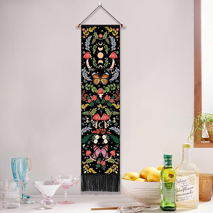 Mystical Long Tapestry Vertical Wall Hanging Cute Botanical Mushroom Moth Butterfly Bohemian Tapestry for Bedroom Aesthetic Moon Phase Plant Wall Tapestries with Tassels Black Room Decor 13x51 Inches