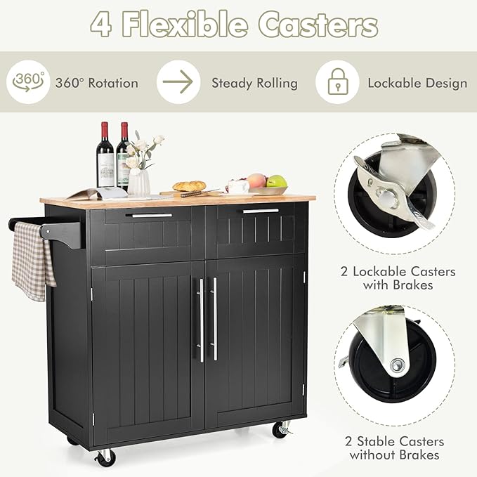 COSTWAY Kitchen Island Cart on Wheels, with Side Towel Bar, 2 Drawers, 2 Door Cabinet, Rolling Storage Trolley Cart with Rubber Wood Top & Lockable Casters (Black)