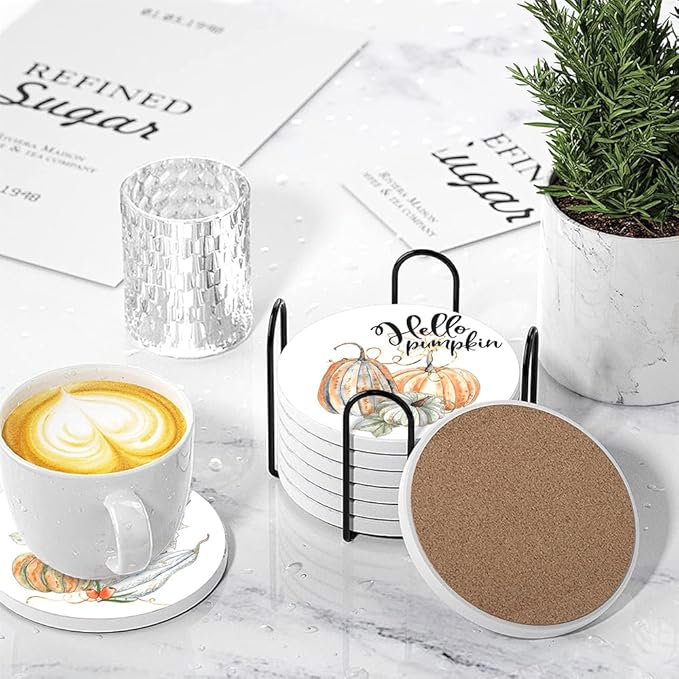Fall Drink Absorbent Coasters with Holder Set of 6, Ceramic Stone with Cork Base, Autumn Watercolor Orange Pumpkin Pattern Coaster for Drinks, Gift for Housewarming Room Bar Home Decor Kitchen