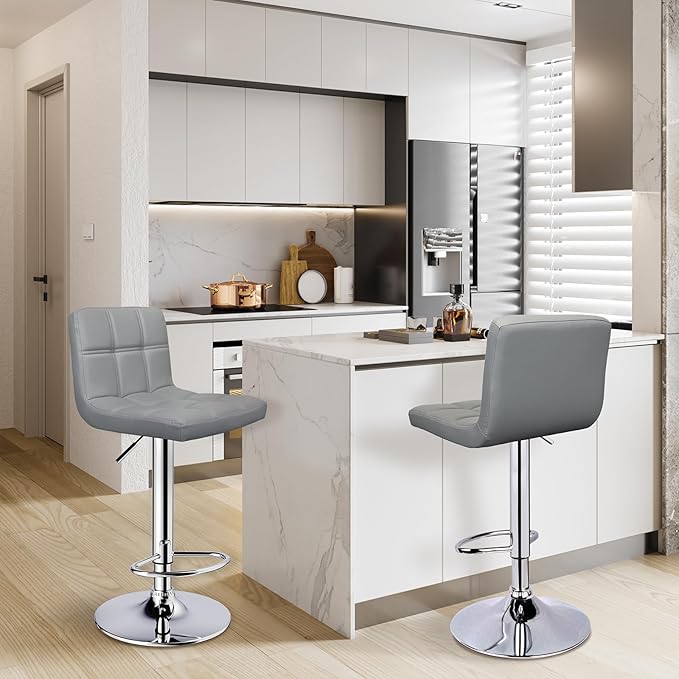 Bar Stools Set of 2,Armless Adjustable Swivel Barstools with Back,6-Squares Double Needle PU Leather Counter Height Bar Stools for Kitchen Island,Light Gray