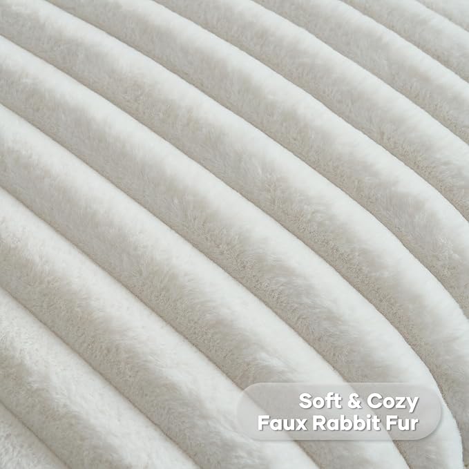 FUTEI Cream White Striped Decorative Throw Pillow Covers 24x24 Inch Set of 2,Square Fall Decorations Couch Euro Pillow Case,Soft Cozy Faux Rabbit Fur & Velvet Back,Modern Home Decor for Bed