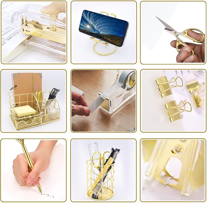 Office Desk Organizers, Gold 13PCS Office Supplies and Accessories Desk organizer, Acrylic Stapler, Staple Remover, Clips, Scissor, Phone Holder, Pen, Pen Holder