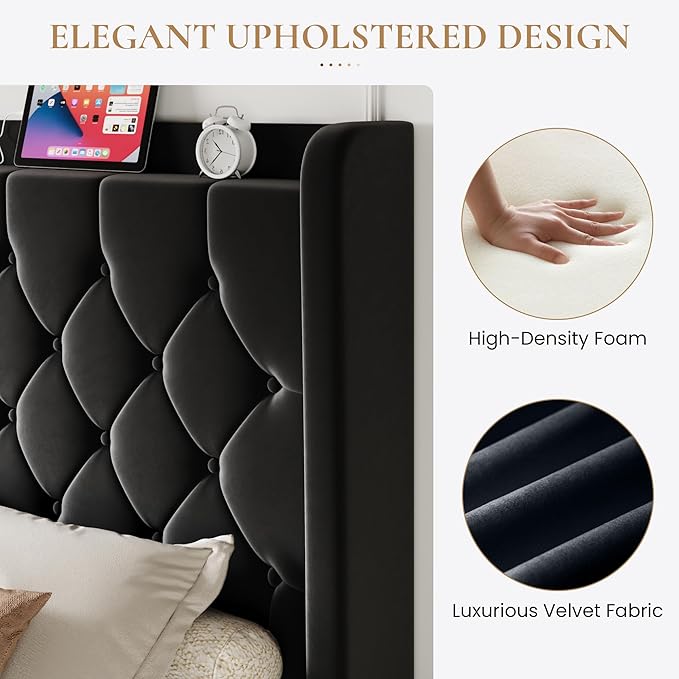 SHA CERLIN Full Size Platform Bed Frame with Charging Station, Velvet Wingback Headboard with Storage Shelf, Wooden Slats Support, Ample Under-Bed Space, No Box Spring Needed, Easy Assembly, Black