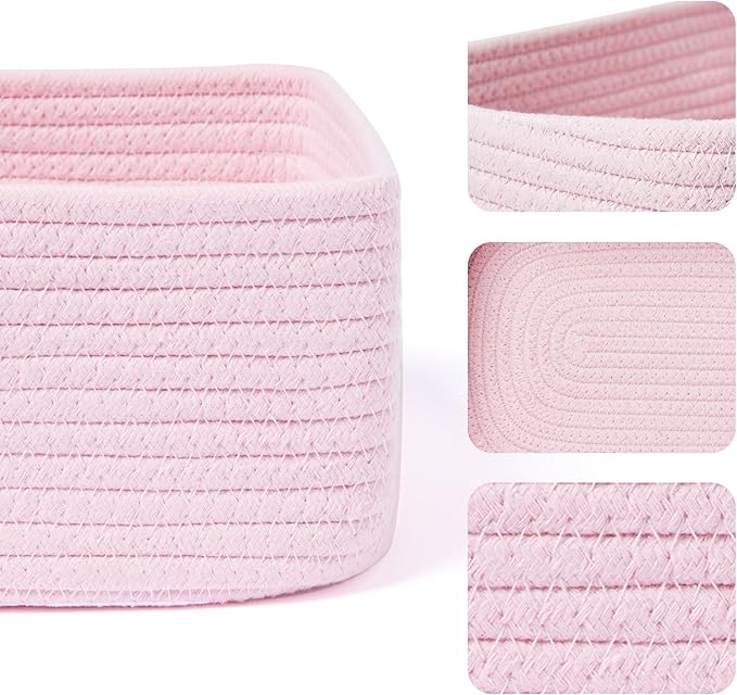 Small Storage Baskets for Organizing | Closet Organizer Bins | Shelf Toy Basket | Woven Rope Baskets | Cube Decorative Box | Shallow Basket | 11.5x7.5x4.7” | 3 Packs Pink