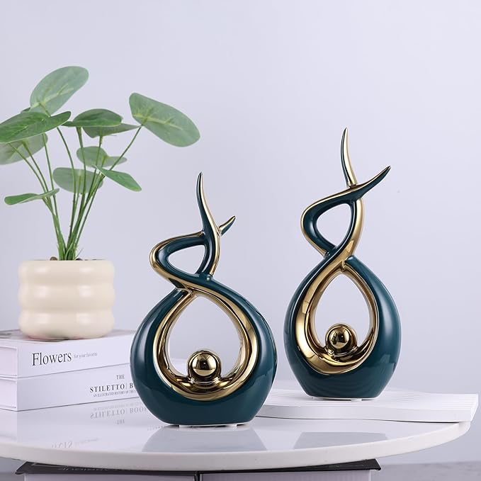 Gold Green Modern Sculpture Table Decorations, Ceramic Knick Knacks Statues for Living Room Decor, Tv Stand and Desk Decor, Suitable for Coffee Tables and Shelf Decorations, Great Gift Idea
