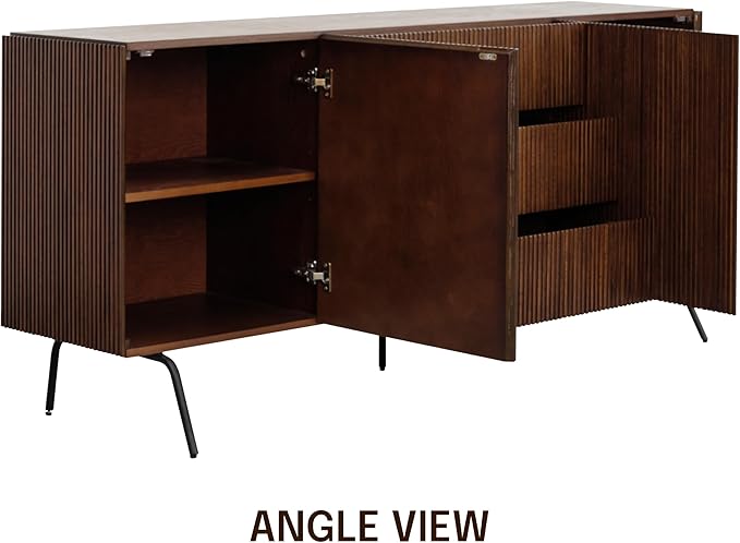 NTC Veil Sideboard with 2 Doors and 3 Drawers, Buffet Cabinet with Vertical Groove Design and Metal Legs, Storage Cabinet for Living Room, and Entryway, Effortless Assembly - Dark Walnut