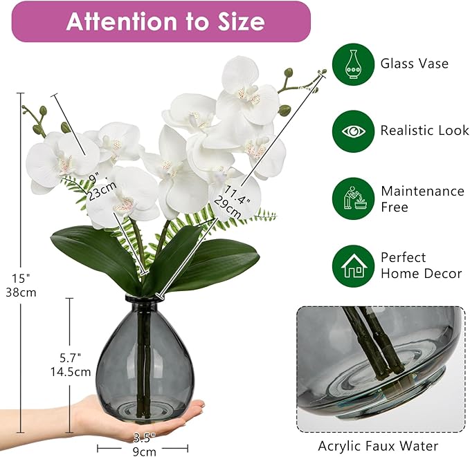 White Orchids Artificial Flowers, Faux Orchid in Glass Vase Real Touch Small Phalaenopsis Orchid Flowers Arrangements with Black Vase Orchid Centerpiece for Dining Room Table