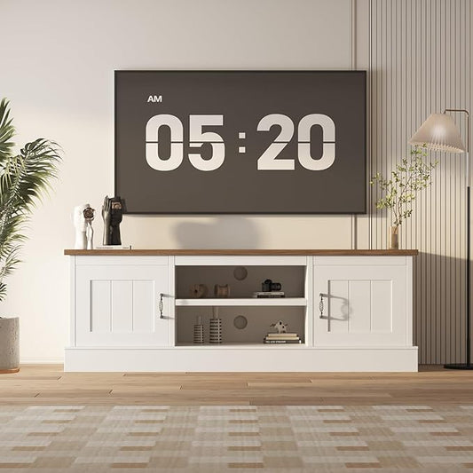 Farmhouse TV Stand for 65 Inch TVs Entertainment Center with Storage Cabinets Modern Media Console Table Rustic Wood Design for Living Room Office 61 * 17.7 * 21.7 Inch White&Brown