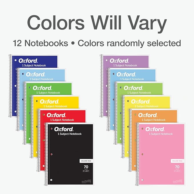 Oxford Spiral Notebooks, 12 Count Bulk Pack, 1 Subject, College Ruled Notebooks for School, 8 x 10.5 Inches, 70 Sheets, Assorted Colors, Back to School Supplies (65205)