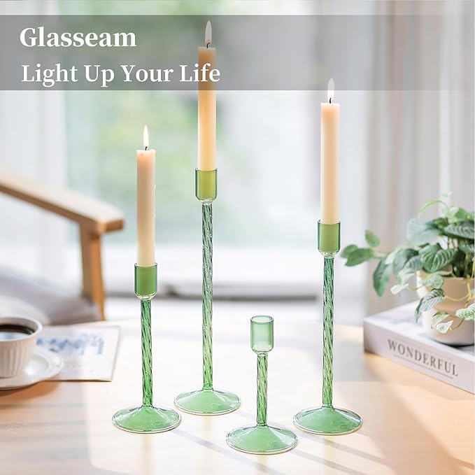 Glasseam Green Glass Candlestick Holder: Tall Candle Stick Holder Set of 4 Candlestick Holders for Taper Candles Modern Decorative Candle Holders for Table Centerpiece Wedding Christmas Home Decor