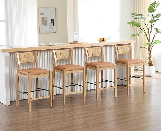 CIMOTA Rattan Counter Height Bar Stools Set of 4, 26" Farmhouse Barstools with Woven Backs, Boho Wood Bar Chairs Leather Upholstered Counter Stools for Kitchen Island/Counter/Bar, PU Brown