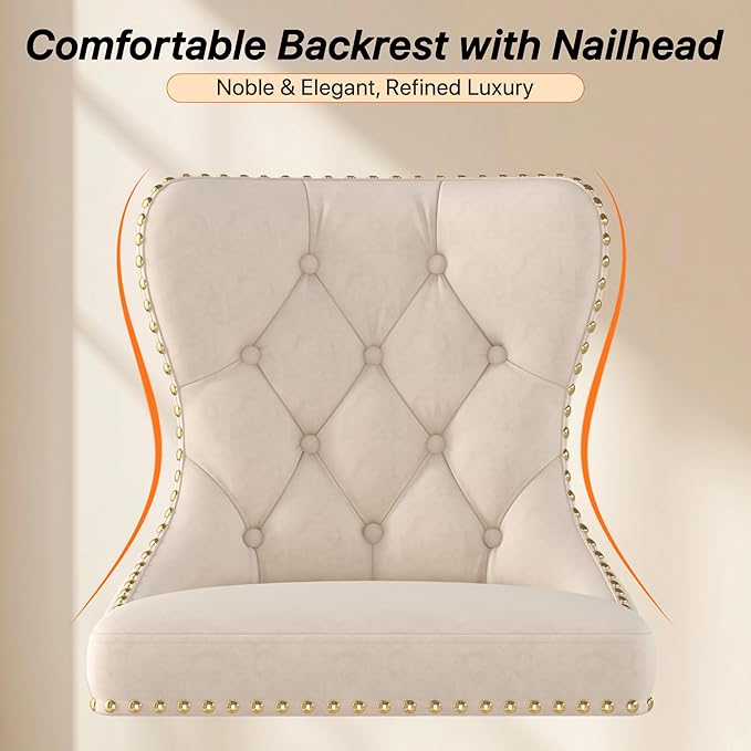 Bar Stools Set of 2, Velvet Swivel Counter Height Stools with Tufted Back, Adjustable Seat with Nailheads Trim, Upholstered Bar Chairs with Gold Base for Kitchen Island, Pub, Beige